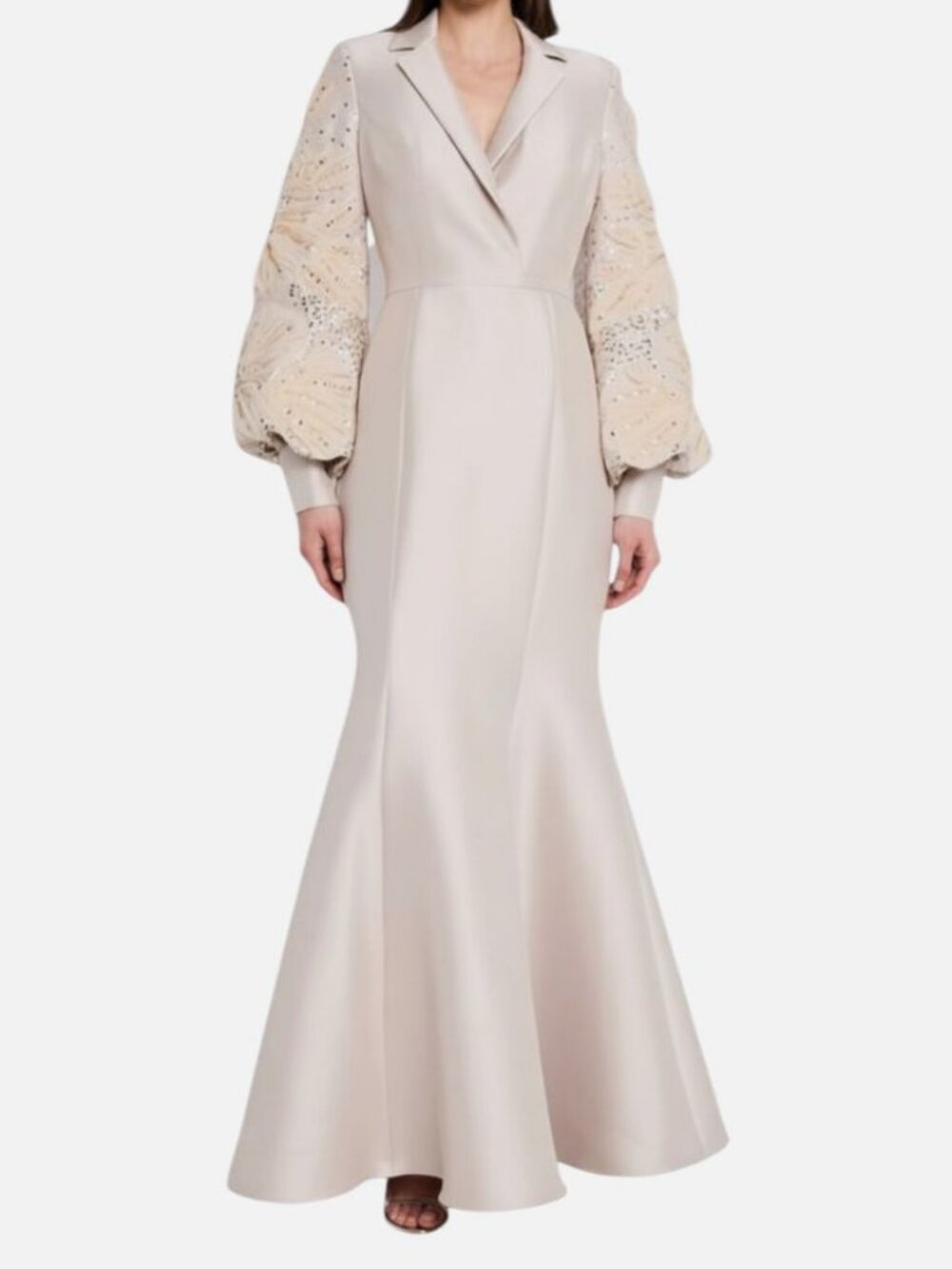 Badgley Mischka Womens Beige Beaded Tulle-Sleeve Blazer Mermaid Gown Dress Sz 10